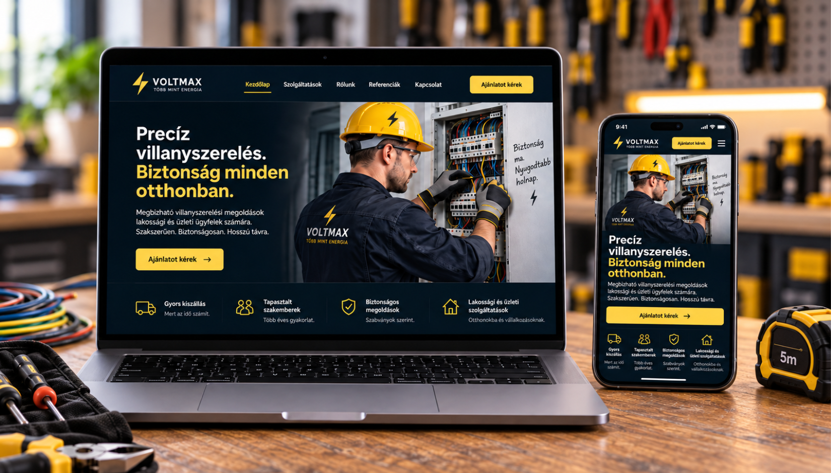 Egyedi, mobilbarát villanyszerelő weboldal laptopon és mobiltelefonon